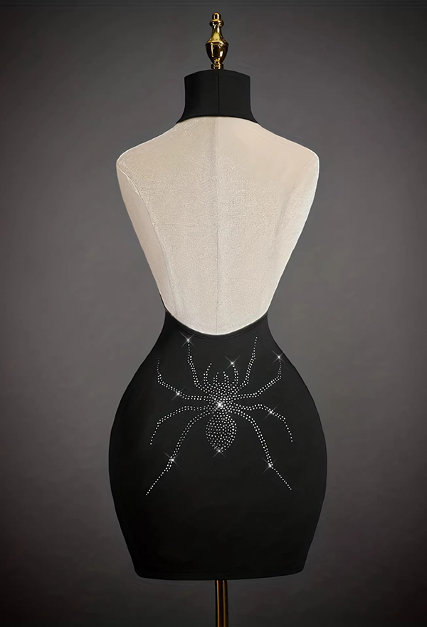 Gothic Black Rhinestone Spider Embellished Halter Backless Dress Dark Style Bodycon Mini Dress